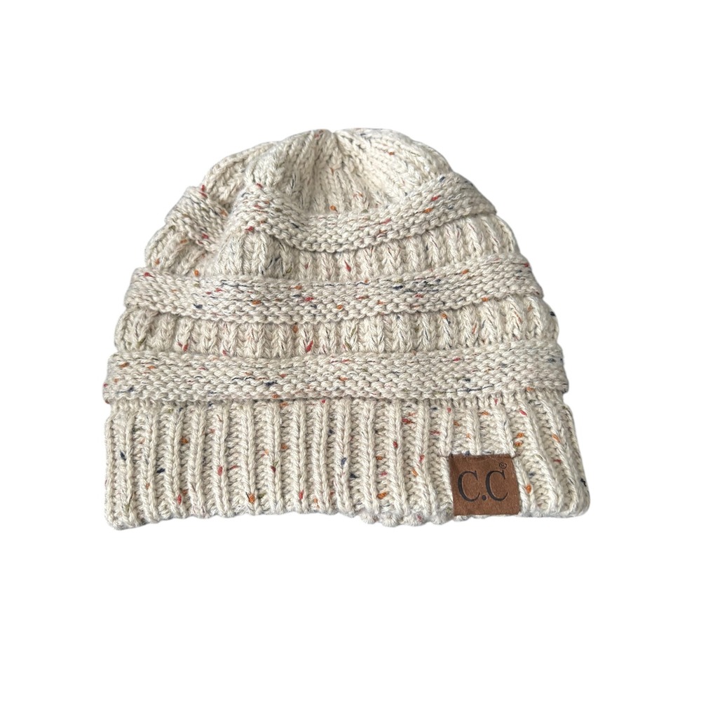 C.C Knit Beanie Hat Cream Speckled Chunky‎ Cable Slouchy Womens Winter